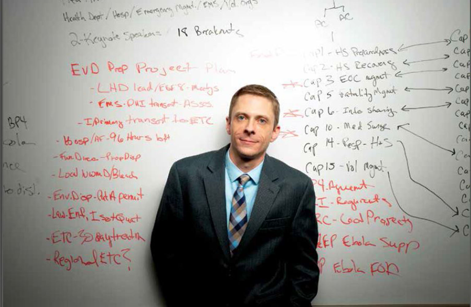 Lee Christenson stands in front of scribbles on a white board.