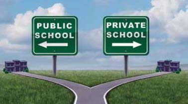 Artist rendition of street signs reading "public school" and "private school."